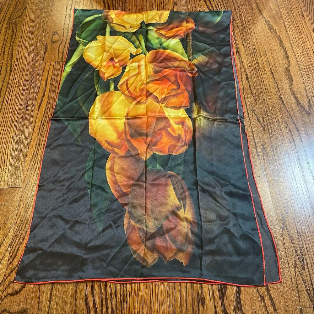 Floral Silk Satin Scarf Hand rolled 64x20
